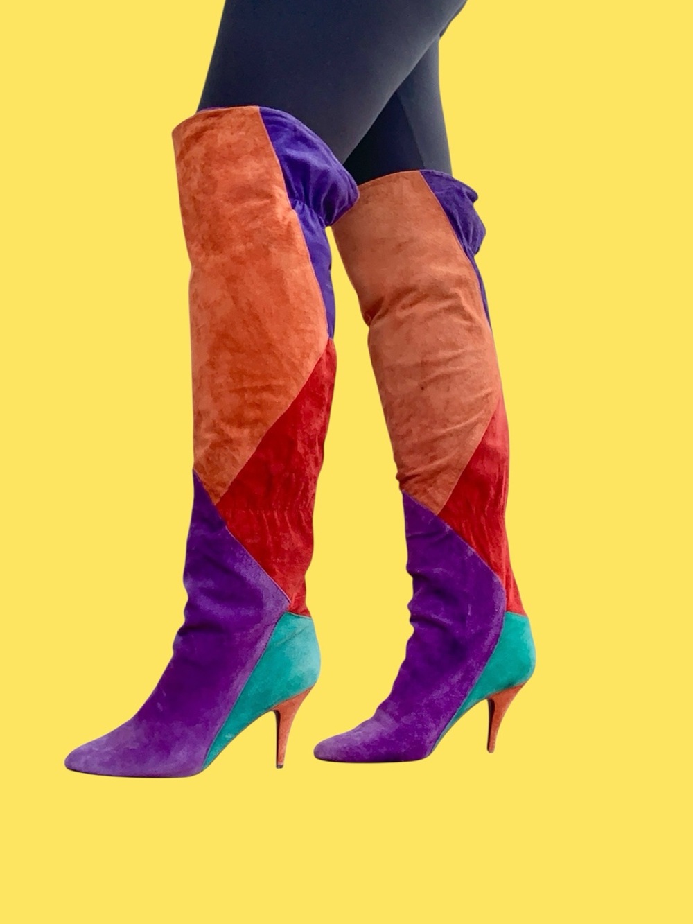 Vintage Clicks 1980’s Color Block Suede Genuine Leather Knee Heel Boots 9.5
